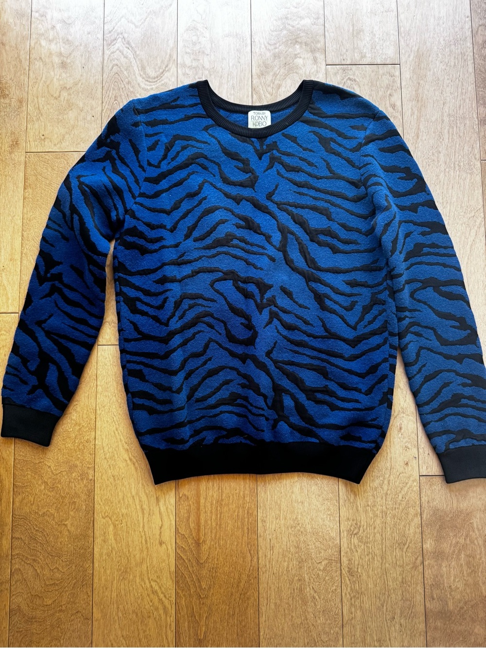 Torn by Ronny Kobo Blue and Black Tiger-Print Crewneck Sweater